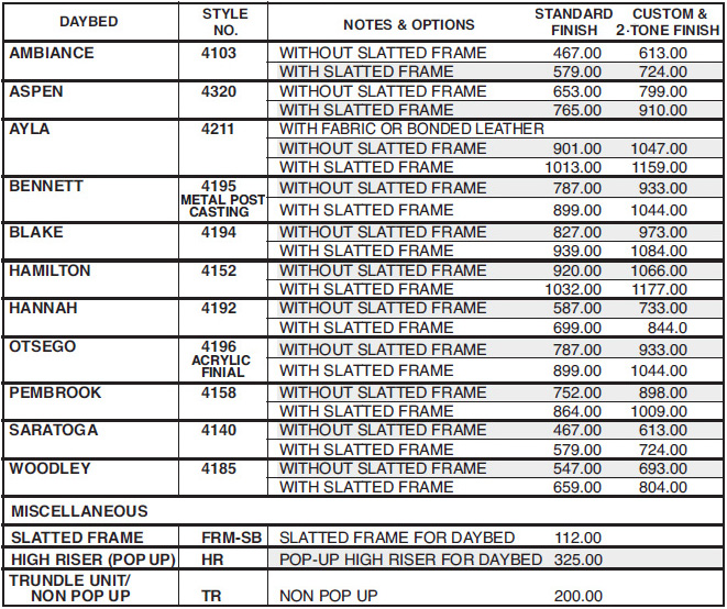 Daybed price list