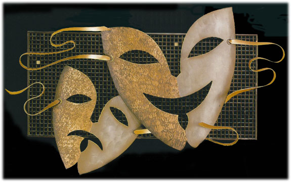 Tragicomic metal wall sculpture